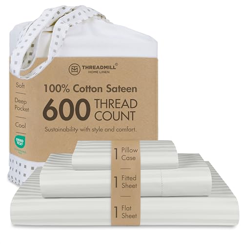 Image of Threadmill 3-Piece Bed Linen Set, Twin XL, 600 Thread Count, 100% Cotton, Light Grey Damask Stripe, Sateen Weave, Deep Pocket, Cooling Effect
