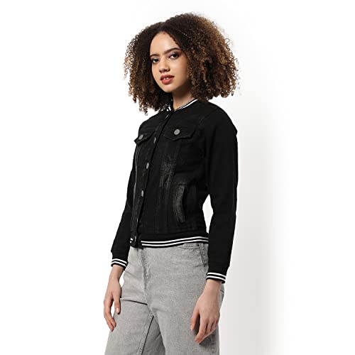 Image of Campus Sutra Women Black Regular Fit Denim Jacket For Winter Wear | Collared Neck | Full Sleeve | Buttoned | Casual Jacket For Woman & Girl | Western Stylish Jacket For Women