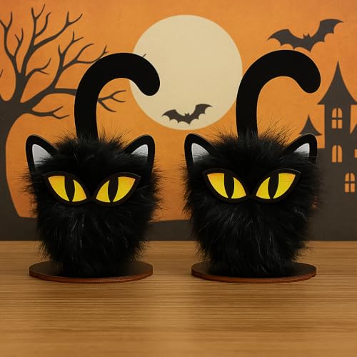 HH Family Halloween Table Decor Black Cat 2 Pack Rustic Wooden Decorations for Tabletop Tiered Tray Shelf or Mantel