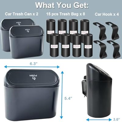Kitbest (2 Pack Car Trash Can Bin with Lid, 120 pcs Trash Bags and 4 pcs Car Hooks. Mini Car Garbage Can, Dustbin Can Organizer Storage for Front Back Seat Accessories for Car Office Home