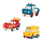 B. toys – Mini Wheeee – ls! – 3 Pieces Mini Pull – Back Vehicles Set, Bus & Cars, Multi, Hot Rod, School Bus, Police Car – 1 year +