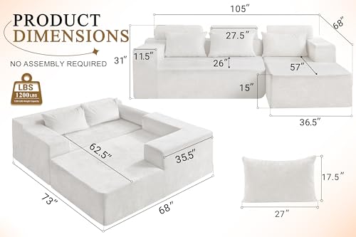 Image of HABUTWAY 105 inch L-Shape Modular Sectional Sofa Couch for Living Room,No Assembly Required,Modular Comfy Sofa with Deep Seat for Living Room Bedroom,Luxury Distressed Velvet(Right,Beige)