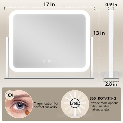 Image of ROLOVE Lighted Makeup Mirror, 17 inchx13 inch Vanity Mirror with Lights, 10X Magnification, Gifts for Women, 3 Color Lighting Modes, Smart Touch Control, 360 Rotation for Bedroom or Tabletop (White)