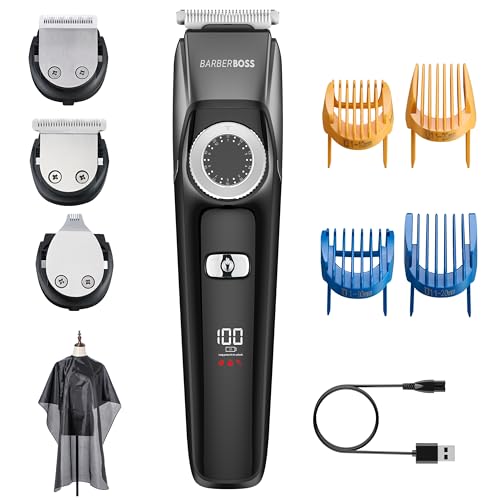 BarberBoss Kit per la cura del viso 3 in 1 per uomo, tagliacapelli da uomo, regolabarba, rifinitore di dettagli, quadrante di controllo di precisione, 4 pettini guida, ricaricabile tramite USB