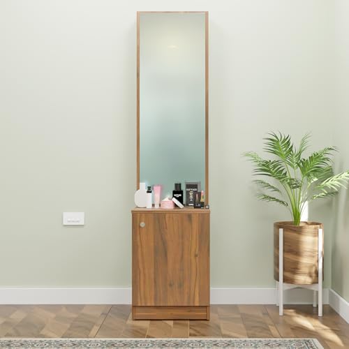 Image of VIKI |Engineered Wood Dressing Table 1 Door with Shelf, Mirror and Huge Storage Space | Vanity for Living Room, Bedroom (Brussel Walnut - 43.8W x 40D x 182.6H cms)