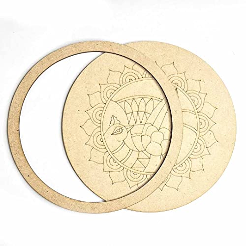Image of Adikala MDF Peacock Engraved Design Wall Plate Base With Frame Cutout for DIY Craft Set Of 2