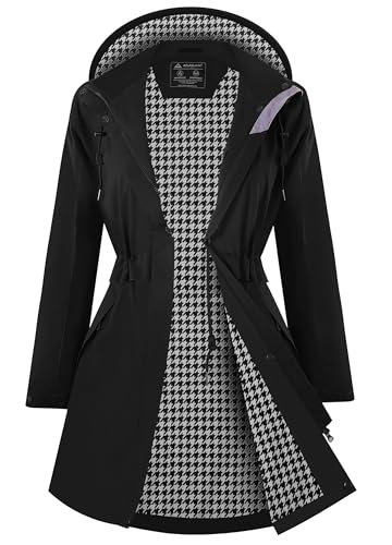 Zdoynto Regenjacke Damen Wasserdicht Kapuze Regenmantel Jacke Atmungsaktive Mantel Übergangsjacke Lang Trenchcoat Frühling Herbst Schwarz M