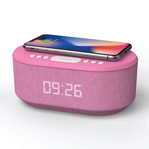 Radio despertador de cabecera con cargador USB, altavoz Bluetooth, carga inalámbrica QI y pantalla LED regulable, alimentación eléctrica (rosa)