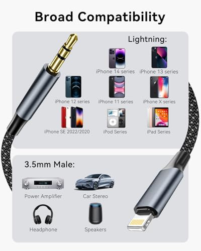 Aux to Lightning Cable 3.3FT/1M,[MFi Certified] Aux Cable for iPhone in Car,Audio Stereo Lightning to 3.5mm Headphone Jack Cord Jack Lead Compatible with iPhone 14 Pro Max 13 12 11 XR iPad Pro 11 Mini - Image 6