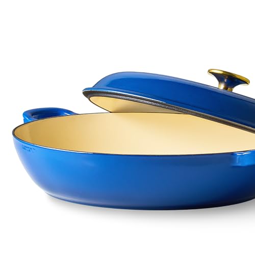 Image of CAROTE 3.4QT Enameled Cast Iron Braiser Pan, Shallow Dutch Oven Casserole Skillets, Non-Toxic Cast Iron Pot with Lid for Grilling, Searing, Baking, Dual Handles, All Stovetop Compatible, Blue