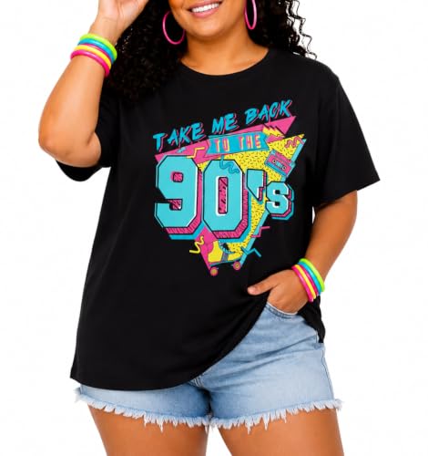 Plus Size 90s Shirts for Women Vintage Neon Shirt Disco 90s Outfits Hip hop Graphic tees Birthday Party Gift
