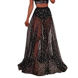 Mluiov Women's 2 in 1 Skirt with Shorts Tulle Sheer Mesh Glitter Sequin Flowy Rave Festival Sparkly Costume Long Maxi Skirts Black