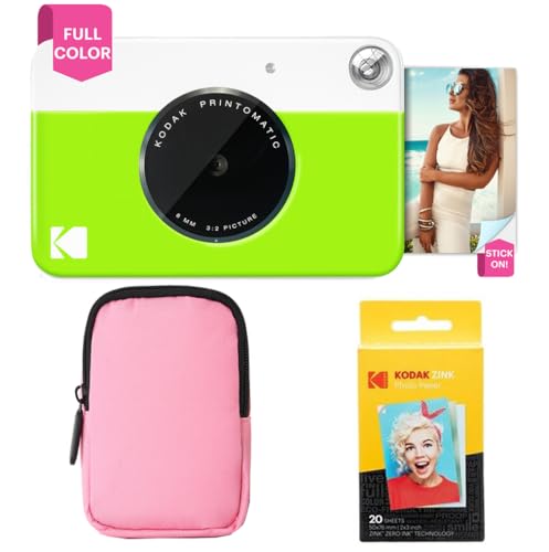 KODAK Printomatic Full-Color Instant Print Camera Starter Bundle + Soft Case + Zink 20pk Photo Paper - Colorful Photos On 2x3 Sticky-Back Paper - Fun Gift for Birthday Christmas Holiday - Green