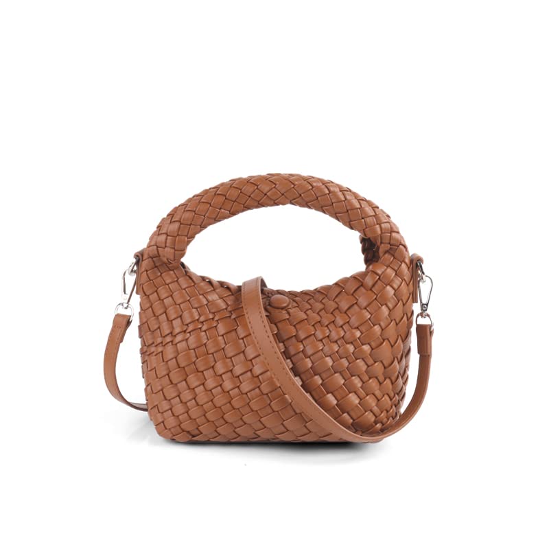 Women Woven Leather Handbag,Manmade Small Lightweight Shoulder Crossbody Bag,Fashion Top Handle Tote Clutch(BROWN)
