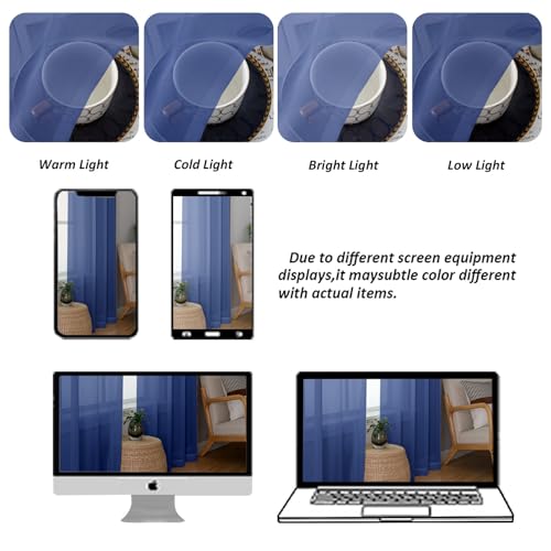Image of Chyhomenyc Royal Blue Sheer Valances for Windows - Light Filtering Small Kitchen Curtains, Rod Pocket Short Top Window Treatment Decor for Living Room Bathroom Basement, 42Wx16L inches, 2 Panels
