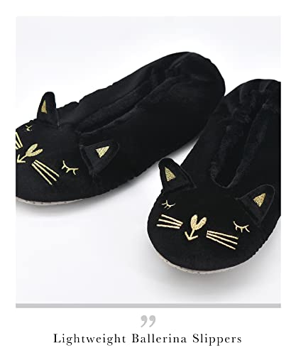 DICUIRD Womens Animal Soft Sole Slipper with Grippers-Ballerina/Ballet Style House Cat Slippers 2 Pairs(Black&Silver cat,5-7.5)4