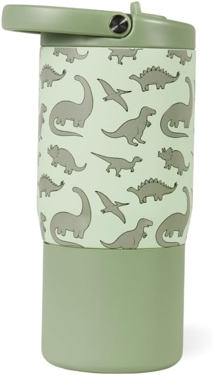 HydroJug Sport Botella de agua con pajita para niños mayores de 4 años, 14 oz, dinosaurio | Pajita plegable resistente a fugas, con aislamiento de triple pared, mango giratorio, sin BPA, diseño liviano, apto para lavavajillas, funda de goma