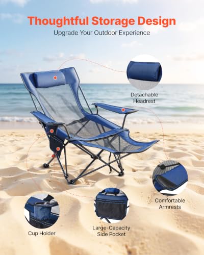 VEVOR Silla de Camping Reclinable 2 en 1 con Reposapiés para Adultos, 4 Posiciones Ajustables, Silla Ligera de Malla Portátil para Playa, Soporta 300 lbs, Azul miniatura 6