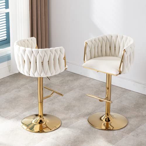 Lukealon Velvet Swivel Bar Stools Set Of 4, Modern Height Adjustable Counter Height Bar Chair With Golden Base Weaved Backrest Barstool With Footrest For Home Bar Kitchen, White #TOP1