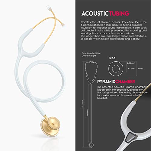 Image of MDF Instruments, Acoustica Lightweight Stethoscope for Doctors, Nurses, Students, Home Health Use, Adult, Dual Head, White Tube, Gold Chestpiece-Headset, MDF747XPK29