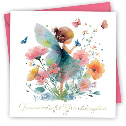 Birthday Card for Granddaughter. Flower Fairy Design. Premium birthday card with gold foil. 150x150mm supplied with Envelope. Eco-friendly. Message inside. Made in Britain.