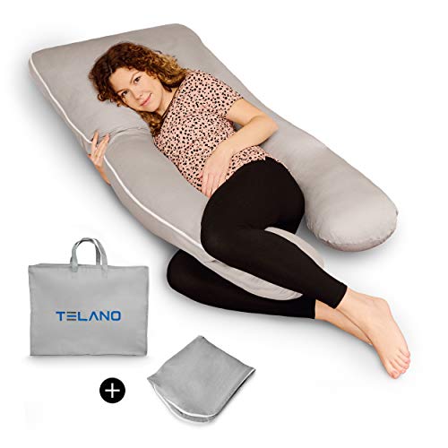 Telano 100% Baumwolle XXL Schwangerschaftskissen Zweiter Bezug und Luxuriöse Aufbewahrungstasche Enthalten Premium Stillkissen Grau Komfortkissen Seitenlagerungskissen Baby Cover