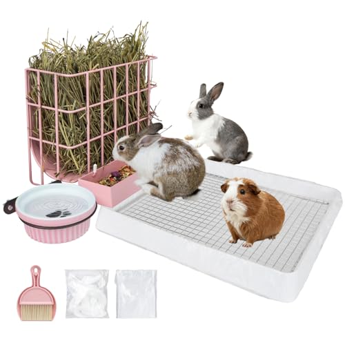BESNEW 3 in 1 Rabbit Hay Feeder with Litter Box Upgraded Metal Hay Rack & Litter Tray & Water Bowl Quick Cleaning Easy to Install Bunny Supplies for Rabbit Guinea Pig Chinchilla Small Animals