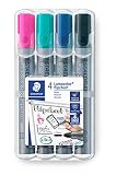 Staedtler Lumocolor Flipchart, Marqueurs pour tableau papier, Pointe moyenne de 2 mm, Étui chevalet avec 4 couleurs assorties, 356 WP4-1