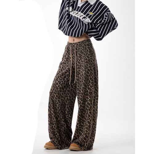 Gothic Retro lace up Leopard Print Pants, Versatile Wide Leg Pants with Design Sense, American Street Loose Hiphop4