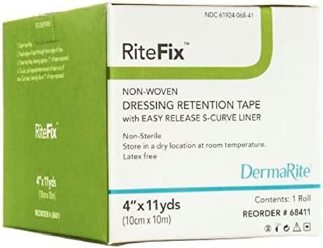 RiteFix Non-Woven Dressing Retention Tape - 4" x 11 yds - with Easy Release S-Curve Liner for Convenient Application, Moisture and Air Permeable, Hypoallergenic Adhesive, Non Sterile, Latex Free