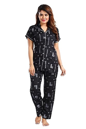 Image of Women's Cotton Heart Printed Night Suit Set of Shirt and Pyjama