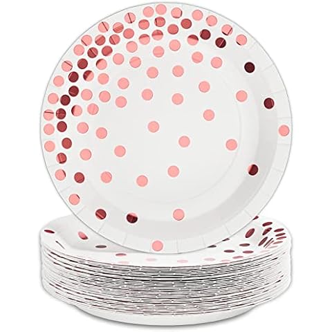 DYLIVeS 80 Count White and Rose Gold Paper Plates, 7 inch Metallic Foil Polka Dots Disposable Dessert Party Plates Party Supplies for Graduation, Birthday, Bridal Shower, Christmas, Holiday Plates Cover