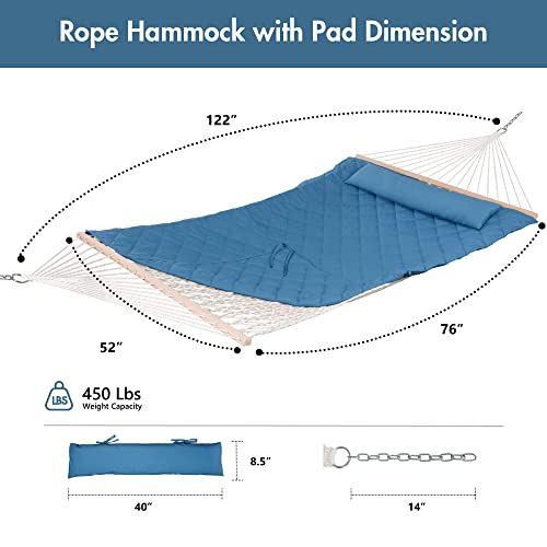 Image of ANOW Double Rope Hammock with Spreader Bars, Hammock Pad and Pillow, Blue