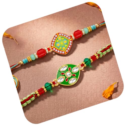 Image of Peora Rakhshabandhan Thread Rakhi for Brother Bhaiya | Kundan Beads & Crystal Studded | Combo Set of 2 | Rakhi Hamper Roli Chawal & Greeting Card