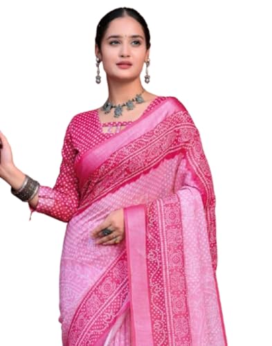 Image of SIRIL Women's Cotton Linen Printed Zari Border Saree with Unstitched Blouse Piece