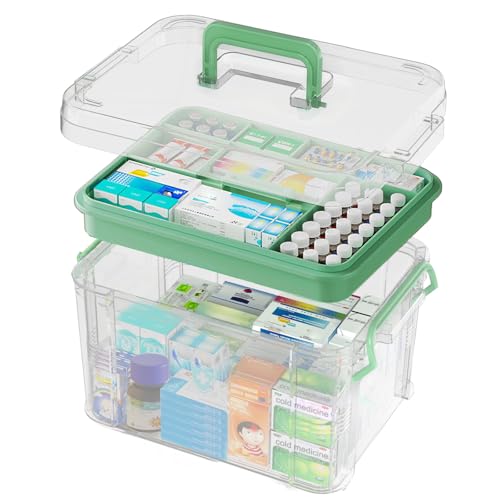 15QT Clear Medicine Organizer Box with Handle, Plastic Medicine Container with Tray First Aid Box Empty, Thickened Medicine Storage Organizer Multipurpose Medication Organizer Storage