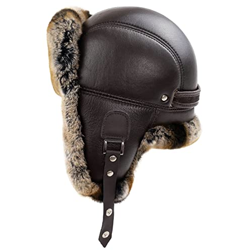 Unisex Brown Rabbit Fur Leather Aviator Russian Ushanka Trapper Winter Fur Hat for Outdoor Warm Hat Gift Ideas for Men (as1, Alpha, x_l)