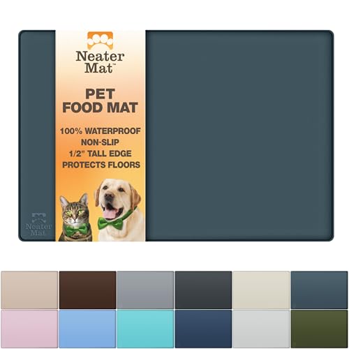 Image of Neater Pet Brands Neater Mat Pet Mats for Food and Water, Cat & Dog Bowl Mat Waterproof Silicone, Feeding Tray, Dog Food Mats for Floors, Placemat w /Raised Edge for Under Bowls, 19 inch x 12 inch, Slate Blue
