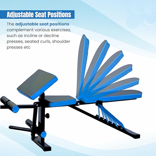 Image of Adjustable Workout Bench for Home Gym | Multifunctional Incline Decline Bench with Preacher Curl Pad & Leg Support | Full Body Strength Training Bench for Men & Women (Black & Blue)