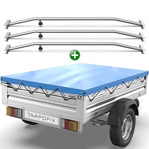 Tarpofix® Anhängerplane 2575x1345 mm + 3X Planenbügel | Anhänger Plane Flachplane aus PVC PLANENMATERIAL | Verstärkte Stema Anhänger Plane für 1300kg PKW Hänger | Abdeckplane + Flachplanenbügel