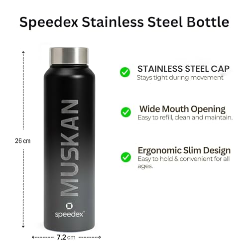 Image of Speedex Customised Engraved Name Stainless Steel Water Bottle 1 Ltr - Personalised Screw Cap Bottle for Kids, Men & Women, School, Office, Gym, Black Grey, Set of 1