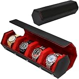 Leather Watch Roll for 4 Watches - Velvet-Lined Travel Case, Luxury Watch Rolls Organizer with Storage & Display for Men (4 Slot-Black/Red)