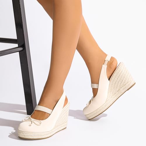 Women's Wedge Heel Canvas Sandals with Closed-Toe Design, Elastic Ankle Strap & Bow Accent, Summer Casual Dress Shoes for Comfortable Outdoor Wear4