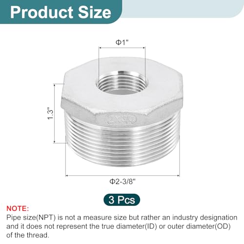 Image of uxcell 3Pcs 2 inch Male to 3 /4 inch Female NPT 304 Stainless Steel Reducer Hex Bushing, Reducing Cast Pipe Adapter Fitting for industrial, oil /gas, water, HVAC, and plumbing systems