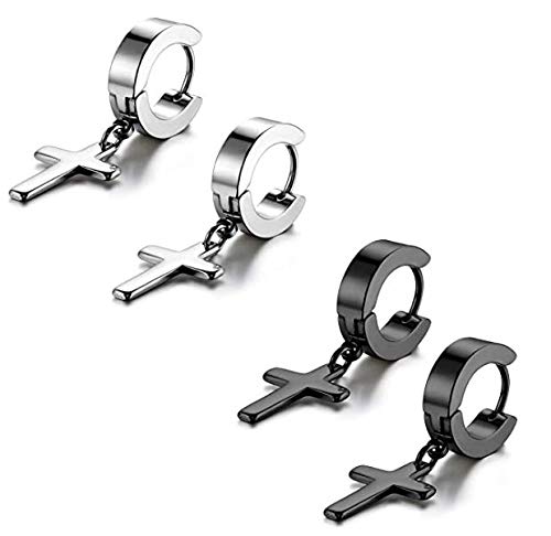PS CREATION Mens Womens Vintage Stainless Steel Cross Dangle Hoop Earrings, Hinged Huggie Cross Ring Gauges Drop Earrings for Boys Girls