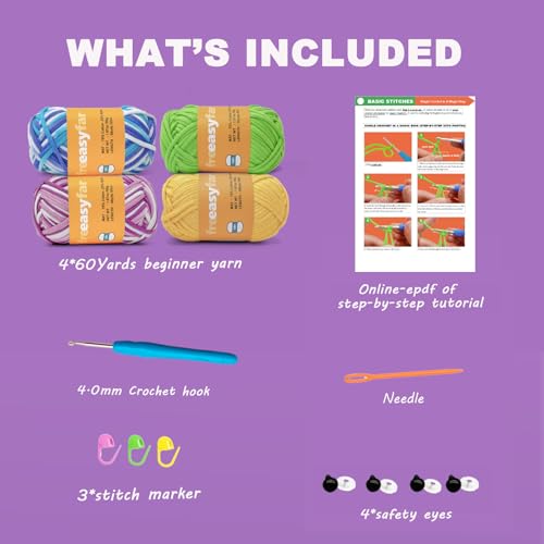 Image of 4x50g Beginner Crochet Yarn for Crocheting and Knitting; Beginner Easy Yarn kit with Tool Set (Azure Waves+Lavender Dreams+Green+Yellow, 4 Skein)