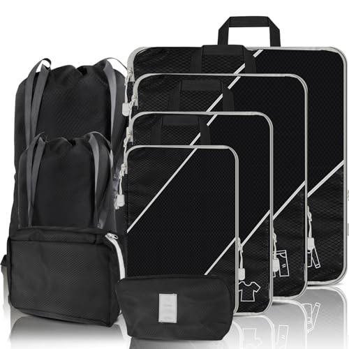 SINZUX 8 Stück Kompressions-Verpackungswürfel, schwarz, ausziehbar, ultraleicht, Packwürfel für Koffer, Koffer-Organizer-Taschen für Rucksack, Gepäck, Reisetaschen, Organizer, Würfel für Reisen und