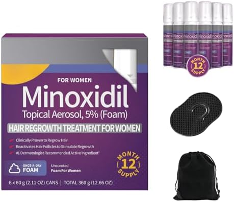 Kirkland Signature Extra Strength Minoxidil 5% Foam For Women (6-Month Supply) with Genco Hair Massager and Travel Pouch | Growth Treatment and Hair Loss Prevention, 2 Fl Oz, Pack of 6