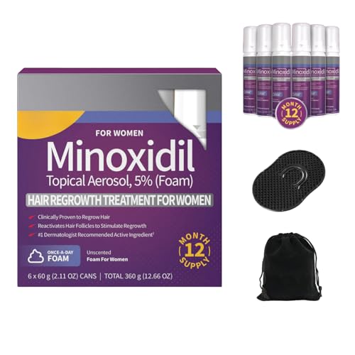 Kirkland Signature Extra Strength Minoxidil 5% Foam For Women (6-Month Supply) with Genco Hair Massager and Travel Pouch | Growth Treatment and Hair Loss Prevention, 2 Fl Oz, Pack of 6