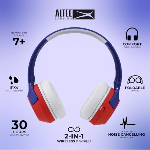 Image of Altec Lansing Kid Safe Noise Cancelling Wireless Headphones 15H Battery, 85dB Volume Limit, Foldable Design Powerful Sound, Active Noise Cancellation Perfect for Kids Ages 7+